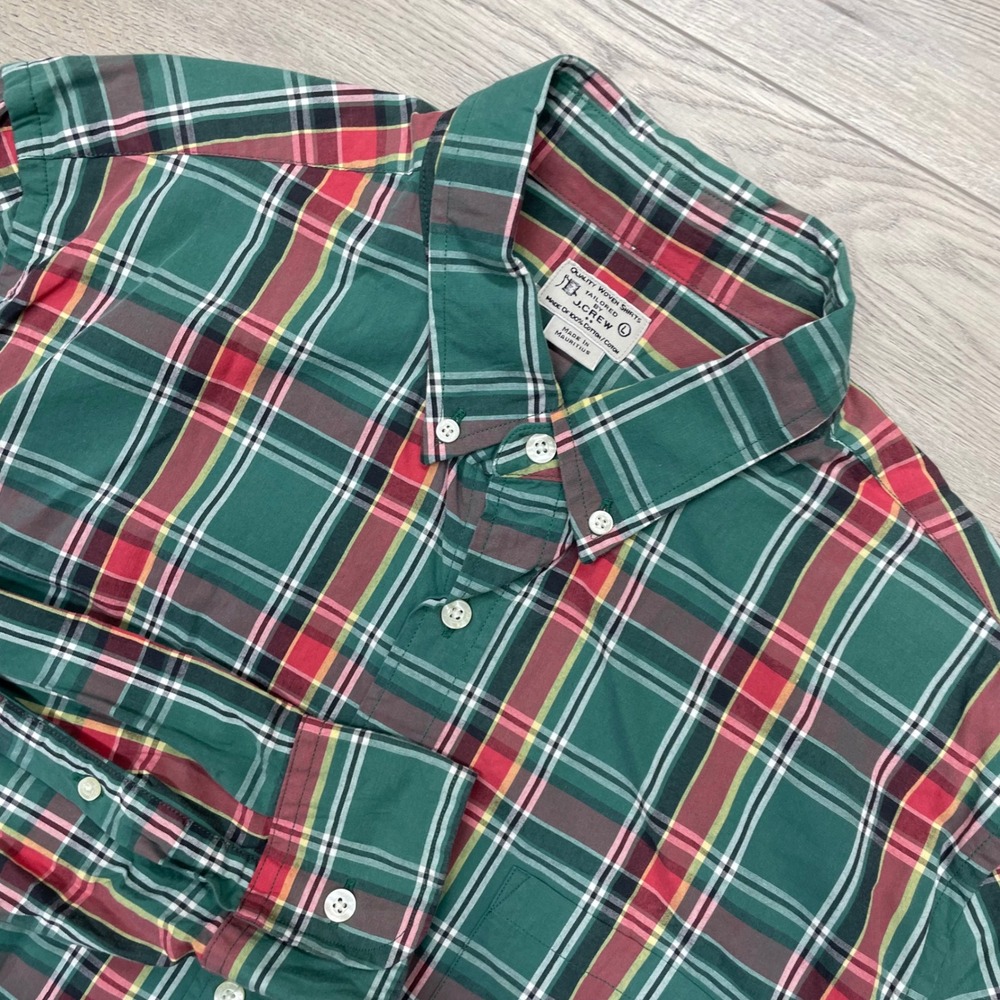J.Crew Button Down Shirt Mens Large Green Plaid Long Sleeve Cotton Holiday Prep